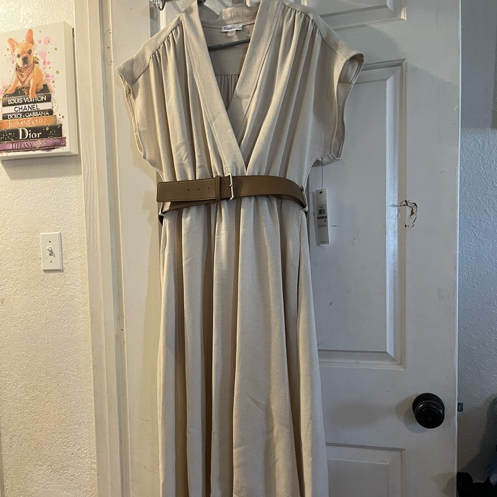 Elegant Cream Dress with Tan Belt
